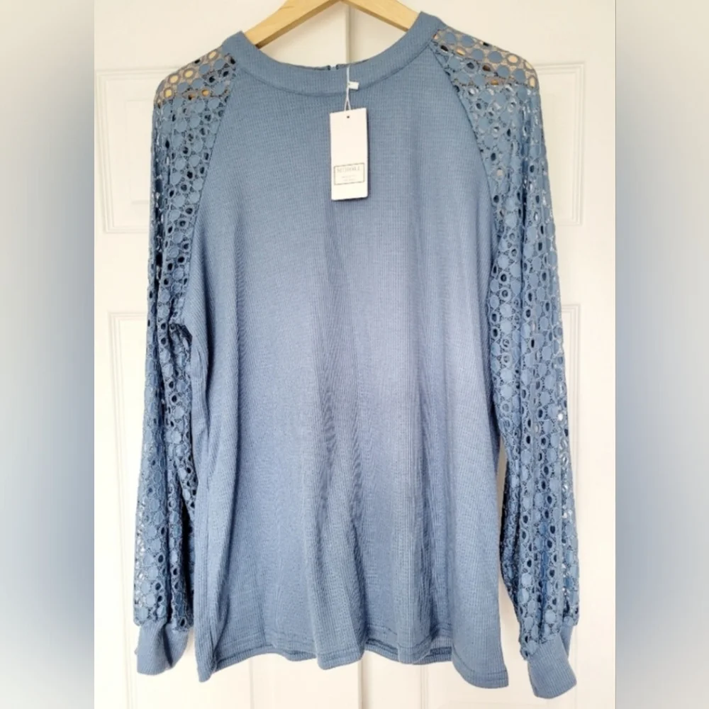 Miholl Women's Waffle Top Blouse Lace Balloon Sleeves Zip Back Blue XXL NWT